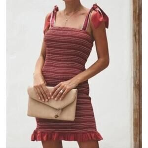 NWOT Storia Women's Smocked Tie‎ Strap Bodycon Dress Ruffle Small XS/S Red Brown